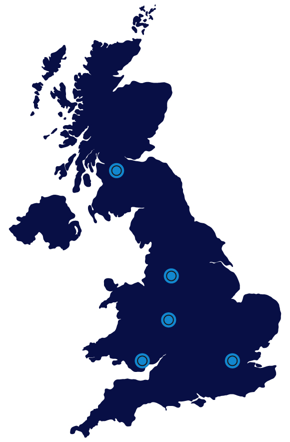 map of the United Kingdom highlighting five locations marked with circles in blue against a dark background showcasing major areas of interest in the UK
